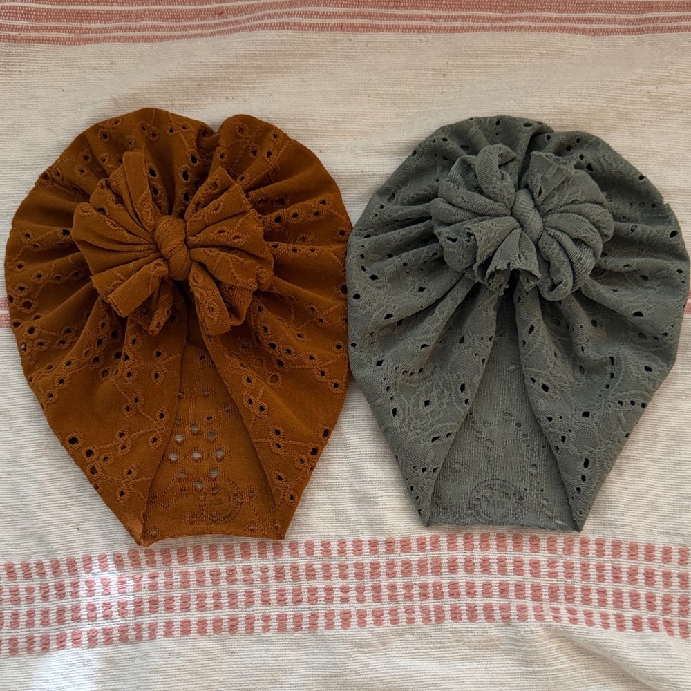 Baby’s Eyelet Bow Turban Set - Brown and Green